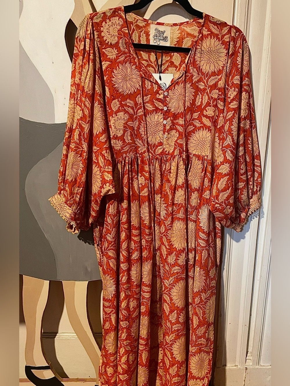 River Goddess Floral Midi Dress in Rust & Cream